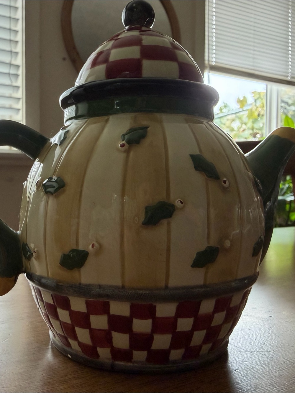 Sakura Cream Teapot with Red Checker and Green Leaf Accents